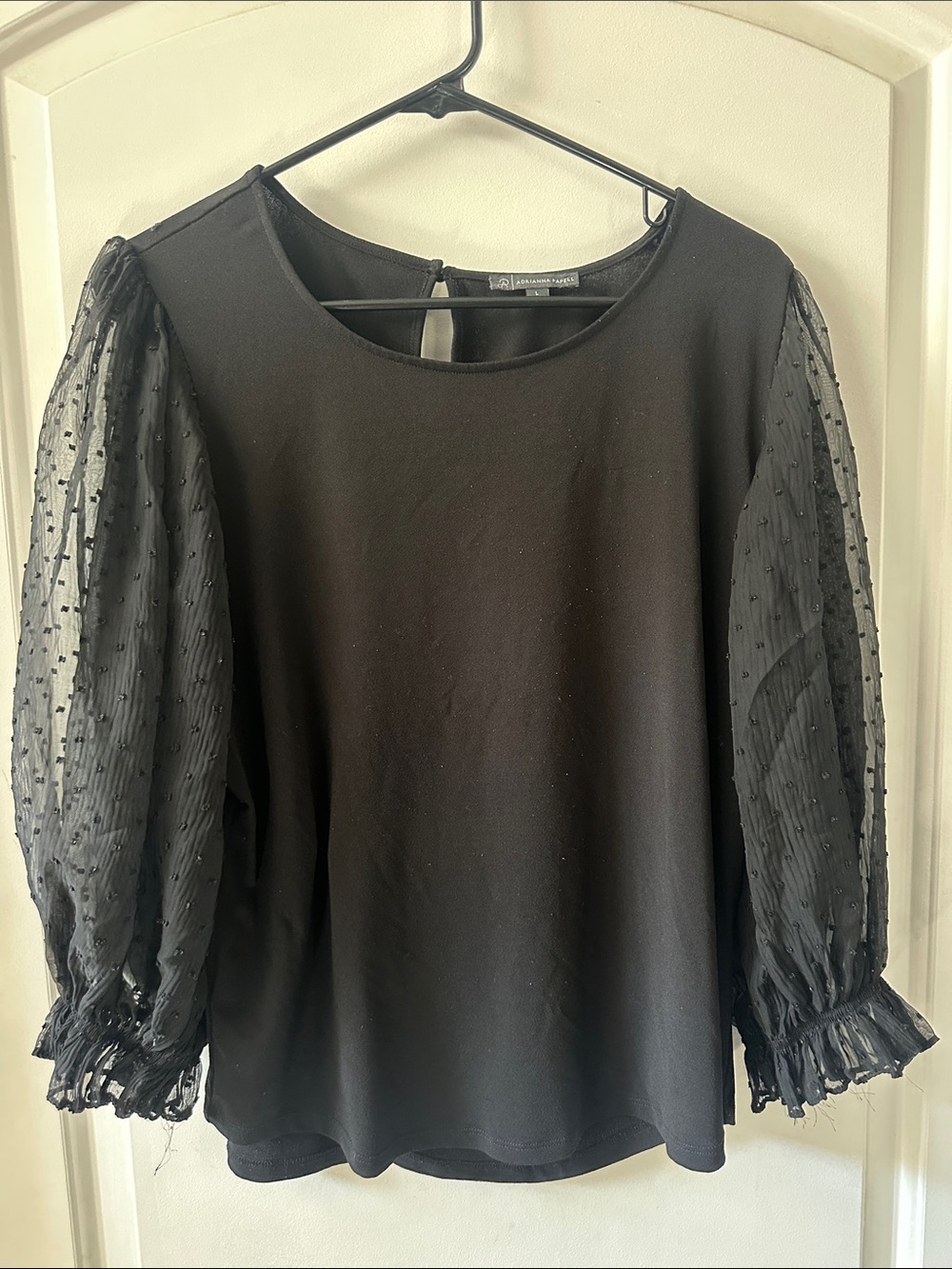 Adrianna Papell Black Blouse with Sheer Dot Puff Sleeves